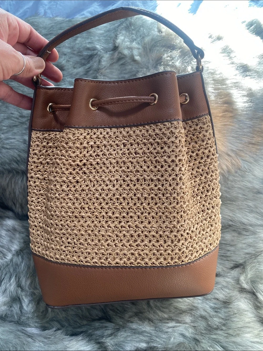 Anne Klein Brown and Tan Woven Bucket Bag
